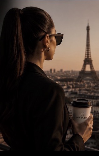 Hena de dos face à la Tour Eiffel au crépuscule, visuel de marque Hena Studio